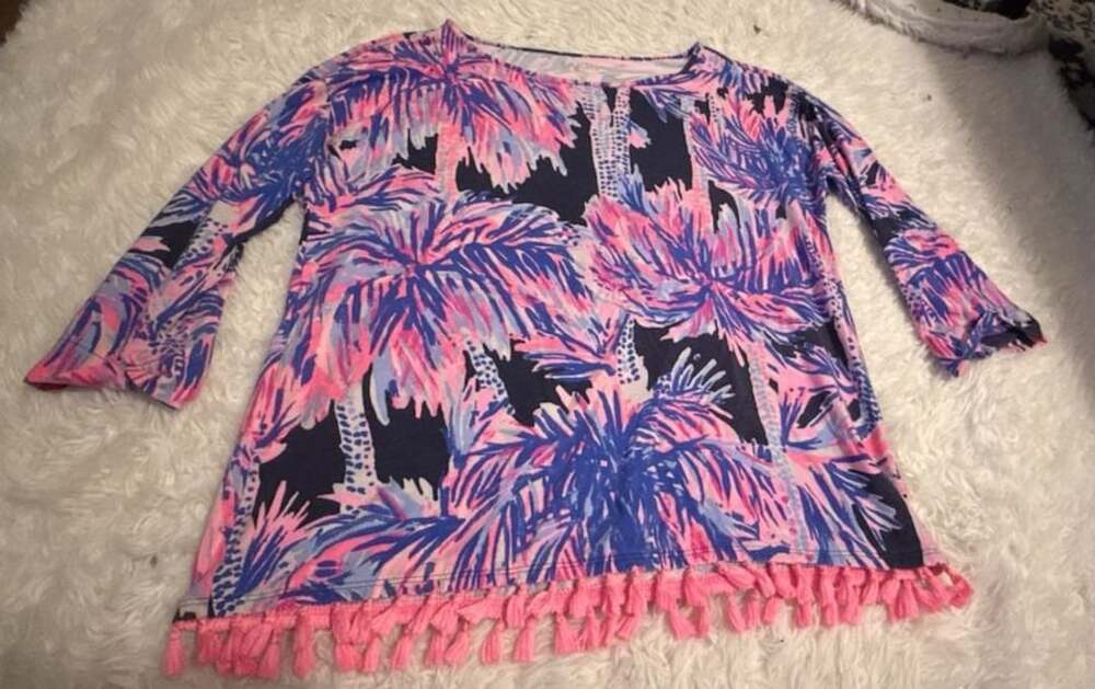 Lilly Pulitzer Mercer Top Size M Bright Navy Palms Up Tassel